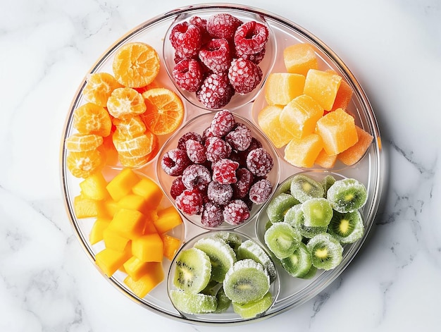 Foto várias frutas congeladas em pratos de cinco compartimentos em mesa de mármore branco servidos com elegância