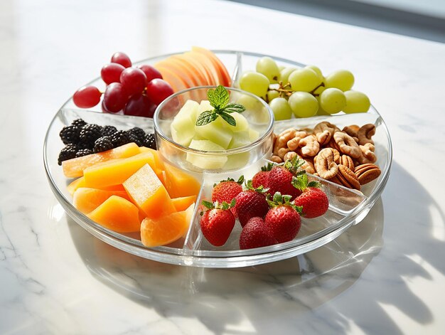 várias frutas congeladas em pratos de cinco compartimentos em mesa de mármore branco servidos com elegância