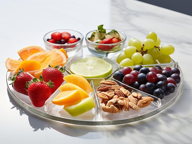 várias frutas congeladas em pratos de cinco compartimentos em mesa de mármore branco servidos com elegância