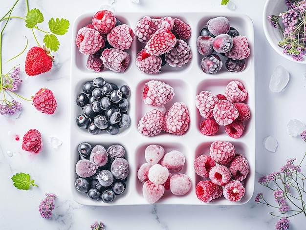 várias frutas congeladas em pratos retangulares em mesa de mármore branco servidas com elegância