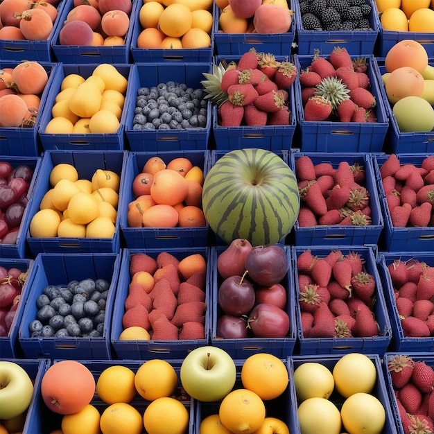 Varias frutas dulces y maduras en cajas