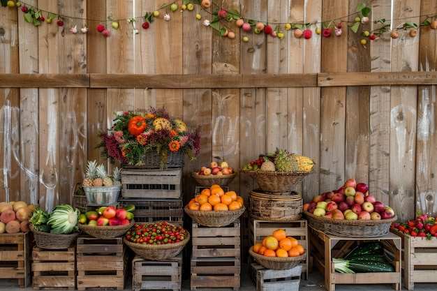 Foto várias frutas e legumes frescos lindamente dispostos em caixas e cestas de madeira uma exibição de produtos sazonais em cães e cestas