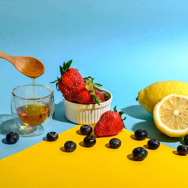 Foto várias frutas em copo contra fundo azul