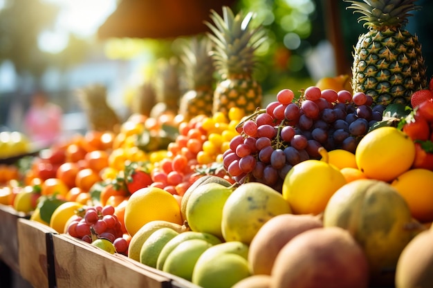 Várias frutas frescas e bagas no mercado de agricultores de verão Generative AI