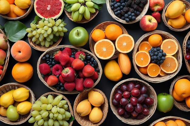 Várias frutas frescas em cestas de mercado