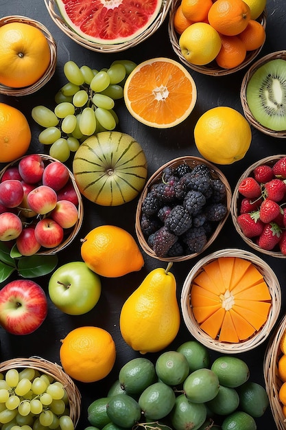 Várias frutas frescas em cestas de mercado