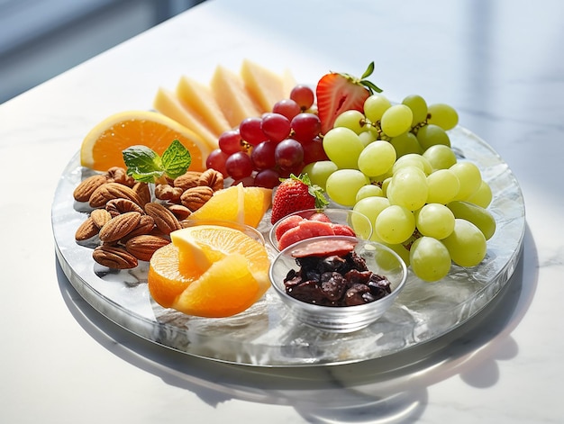 varias frutas frescas en un plato en una mesa de mármol blanco servidas con elegancia