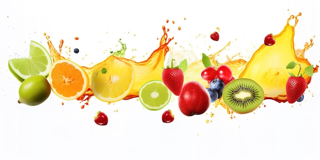 varias frutas y salpicaduras de agua en un fondo blanco con colores audaces líneas fuertes y suaves