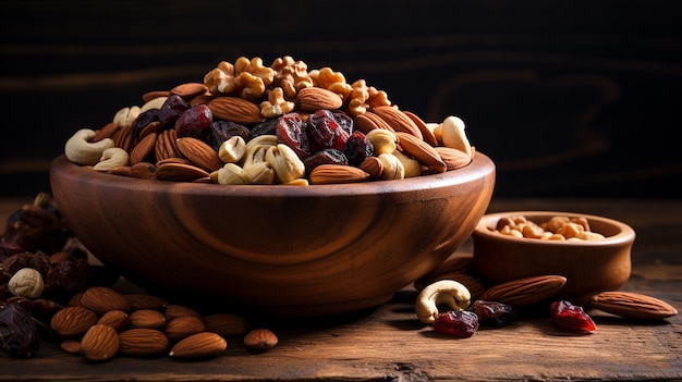 Varias frutas secas y nueces en una mesa de cocina Copiar espacio AI generativo