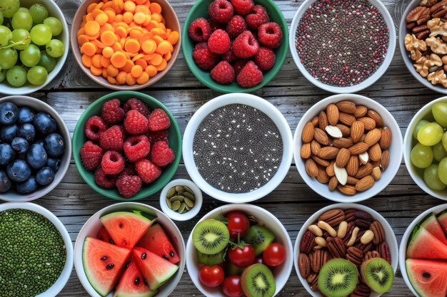 Foto varias frutas y verduras en cuencos en la mesa