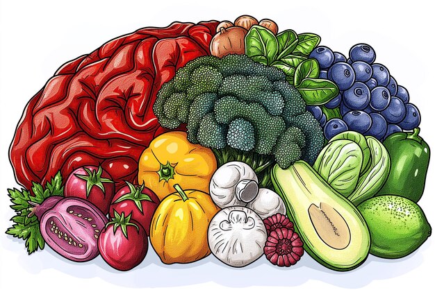 varias frutas y verduras frescas para una alimentación saludable y una dieta vegetariana nutrición en forma de cerebro humano