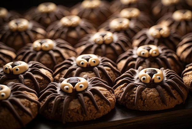 varias galletas decoradas con formas de araña comida de halloween