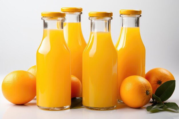 Várias garrafas de suco de laranja fresco e laranja em um fundo branco isolado