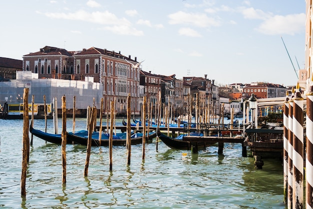 Varias góndolas amarradas en Venecia.