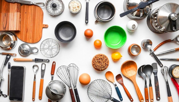Varias herramientas y aparatos de cocina dispuestos