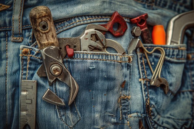 Varias herramientas en el bolsillo de un trabajador de denim