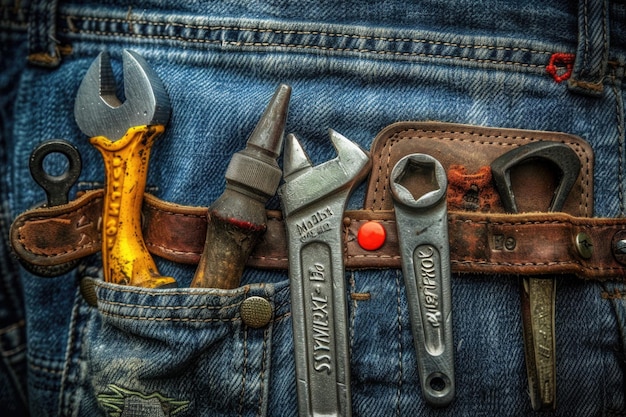 Varias herramientas en el bolsillo de un trabajador de denim