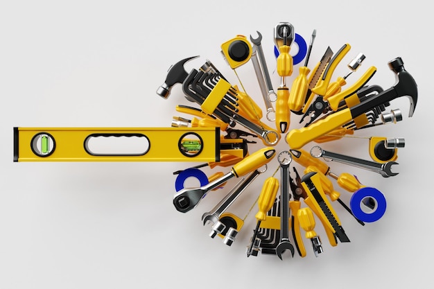 Foto varias herramientas de trabajo para la reparación de la construcción destornillador nivel cinta eléctrica martillo cuchillo tijeras llave etc ilustración 3d