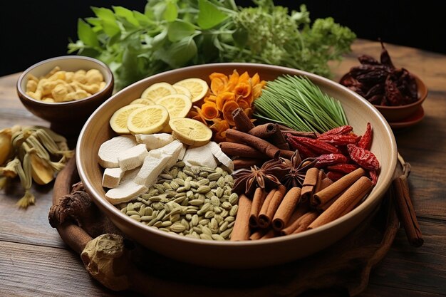 Foto varias hierbas medicinales chinas hechas en un cuenco de medicina china