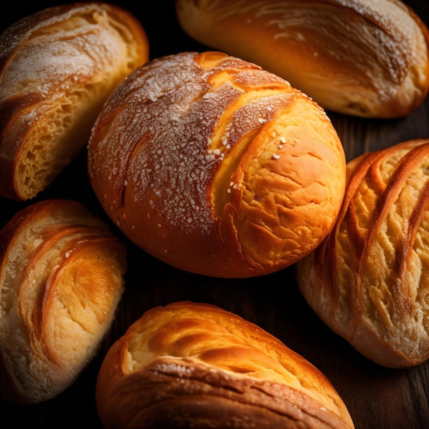 Varias hogazas de pan están sobre una mesa con una que dice "pan".