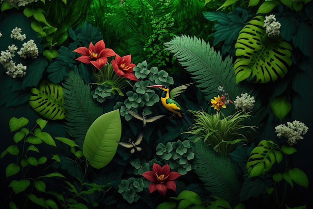 Foto varias hojas tropicales y pájaros exóticos diseño de papel tapiz.