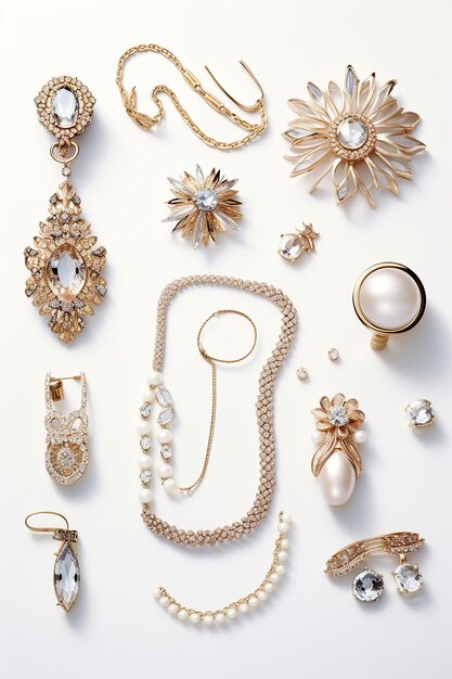 Foto varias joyas de moda y de lujo ligeras sobre un fondo blanco claro