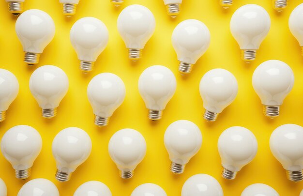 Várias lâmpadas em fundo amarelo conceito de ideias de negócios e criatividade IA geradora