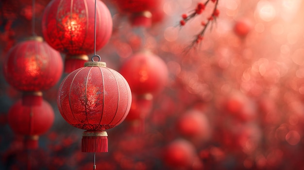 Várias lanternas penduradas em uma árvore de cerejeira com flores vermelhas Imagem de fundo para celebrações do Ano Novo Chinês