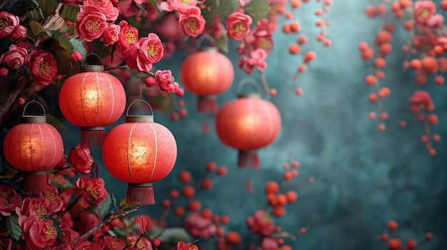 Várias lanternas penduradas em uma árvore de cerejeira com flores vermelhas Imagem de fundo para celebrações do Ano Novo Chinês