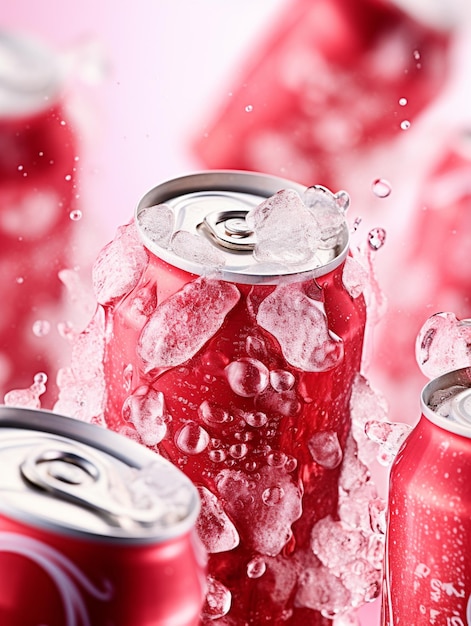 Foto varias latas de refresco están cubiertas con hielo y agua generativa ai