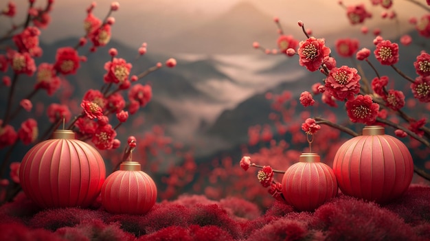 Varias linternas colgando de un cerezo en flor con flores rojas Imagen de fondo para las celebraciones del Año Nuevo chino Generativo ai