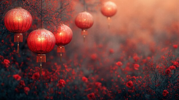 Foto varias linternas colgando de un cerezo en flor con flores rojas imagen de fondo para las celebraciones del año nuevo chino generativo ai