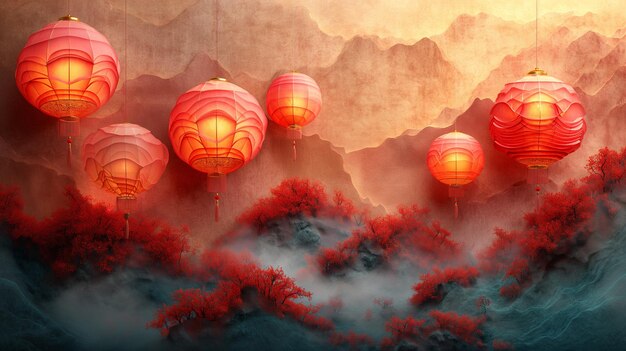 Varias linternas colgando de un cerezo en flor con flores rojas Imagen de fondo para las celebraciones del Año Nuevo chino Generativo ai