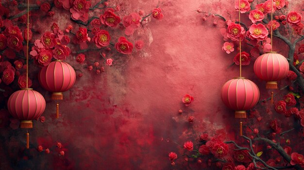 Varias linternas colgando de un cerezo en flor con flores rojas Imagen de fondo para las celebraciones del Año Nuevo chino Generativo ai