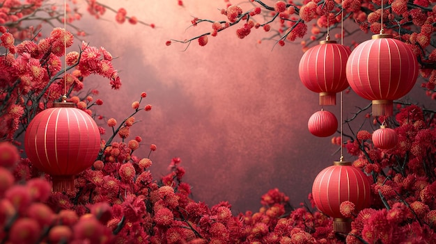 Varias linternas colgando de un cerezo en flor con flores rojas Imagen de fondo para las celebraciones del Año Nuevo chino Generativo ai