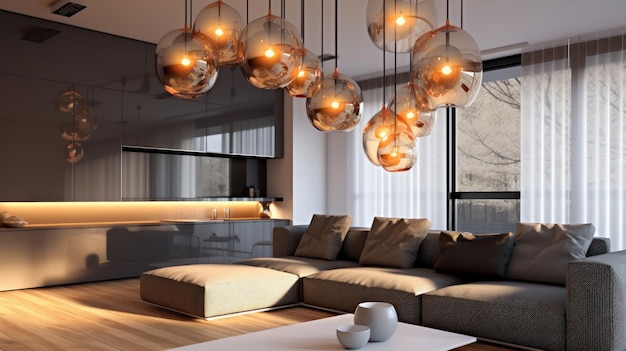 Varias luces colgantes en forma de globo de cristal encima de un sofá en un acogedor salón elegante interior moderno