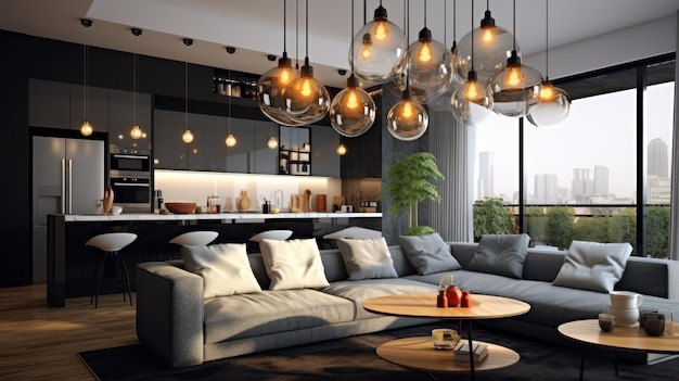 Várias luzes pendentes em forma de globo de vidro com lâmpadas Edison acima de um sofá em uma aconchegante sala de estar elegan