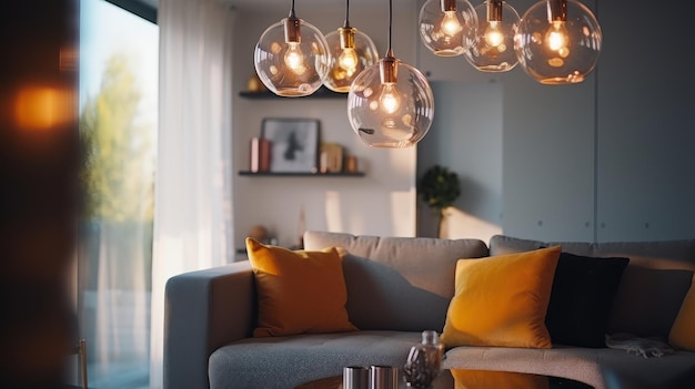 Foto várias luzes pendentes em forma de globo de vidro com lâmpadas edison acima de um sofá em uma sala de estar aconchegante design de interiores modernos elegantes com ênfase na iluminação renderização 3d mockup