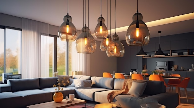 Várias luzes pendentes em forma de globo de vidro com lâmpadas Edison acima de um sofá em uma sala de estar aconchegante Design de interiores modernos elegantes com ênfase na iluminação Renderização 3D Mockup