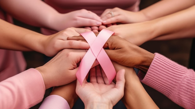 Foto varias manos reuniendo una cinta rosa de salud