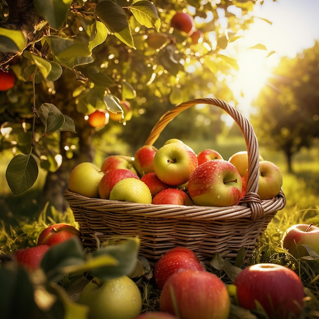 Varias manzanas en una canasta de cosecha fresca