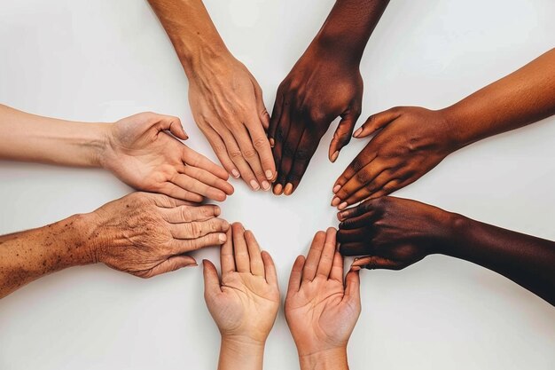 Foto várias mãos estão empilhadas em círculo numa superfície branca.