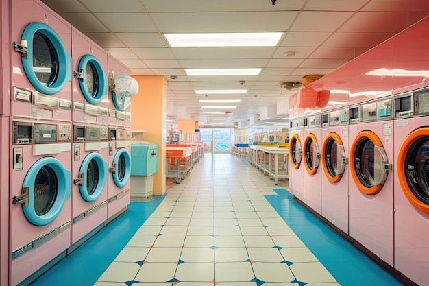 Várias máquinas de lavar roupa industriais em uma lavanderia Lavar com água quente e fria mantém a roupa limpa e na moda Uma fileira de máquinas de lavar roupa industriais em uma lavanderia pública