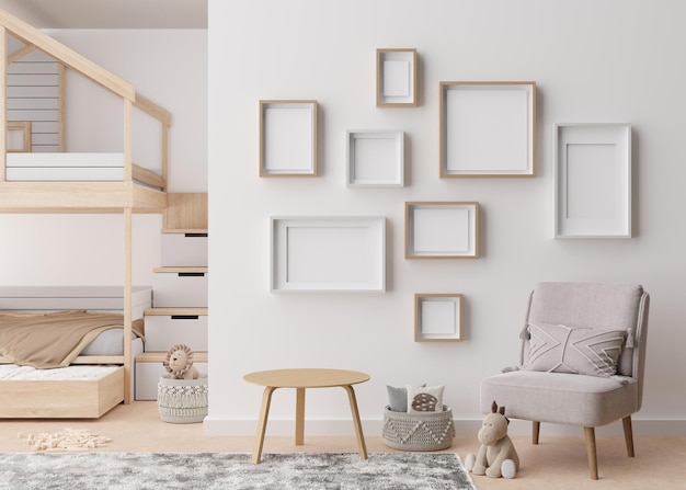 Várias molduras vazias na parede branca no quarto da criança moderna Mock up interior em estilo escandinavo contemporâneo Espaço de cópia grátis para imagem Grupo de molduras Quarto aconchegante para crianças renderização em 3D