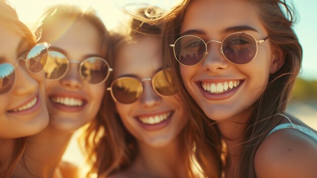 Varias mujeres jóvenes sonrientes y bonitas al aire libre en verano enfoque selectivo