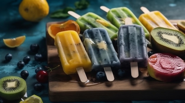 Varias paletas de frutas se colocan en el tablero de madera azul AI Generative