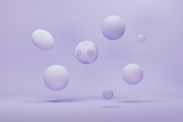 Varias pelotas de fútbol, fútbol americano y tenis de golf sobre fondo morado pastel 3D Render