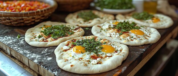 várias pequenas pizzas com coberturas em uma tábua de corte de madeira