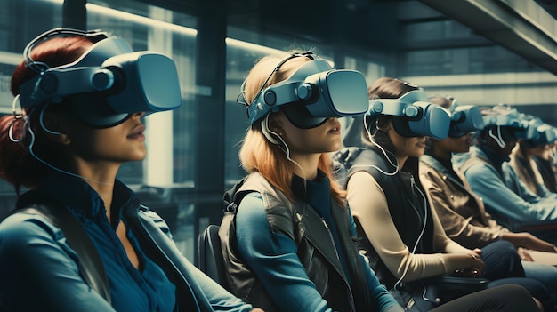 varias personas con cascos de realidad virtual sentadas en fila IA generativa