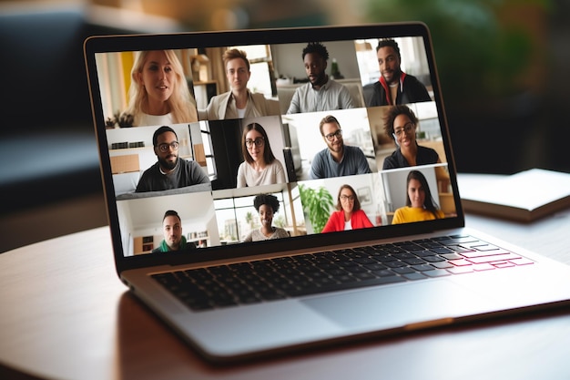 Varias personas discutiendo estadísticas de marketing durante una conferencia de videoconferencia en línea